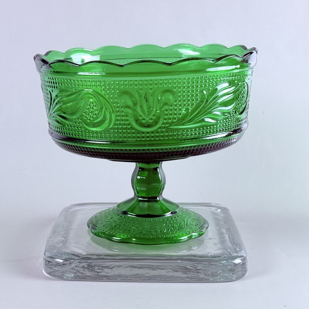 Vintage E.O. Brody M6000 Emerald Green Pressed Glass Pedestal Compote Dish Bowl